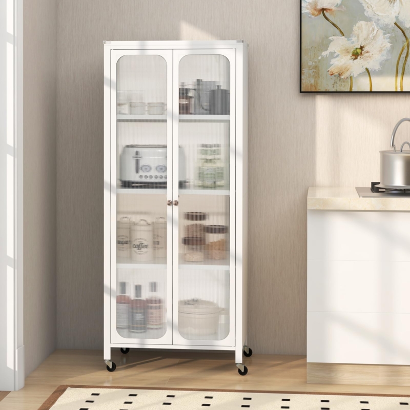 Storage Cabinet White Reeded Glass and Caster Wheels