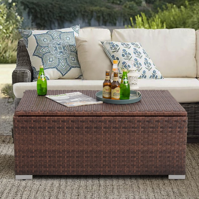 Storage Outdoor Coffee Table with Square Silhouette and Mixed Brown Weave