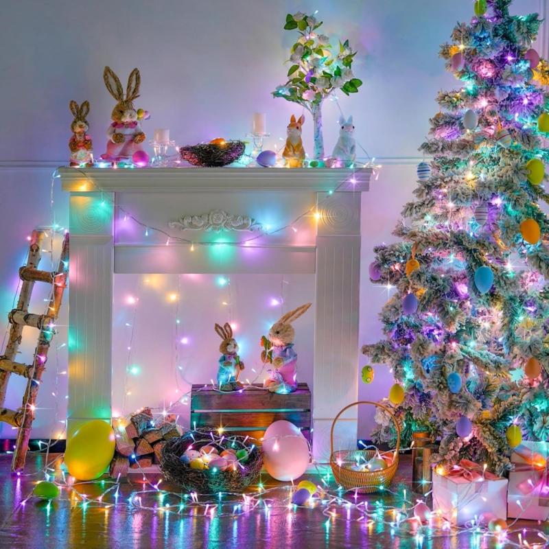 String Lights with Faceted Bulbs, Clear Wire, Multicolor Festive Lighting