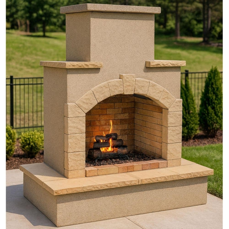 Stucco and Tile Outdoor Fireplace with Chimney Cap and Mantel Shelf