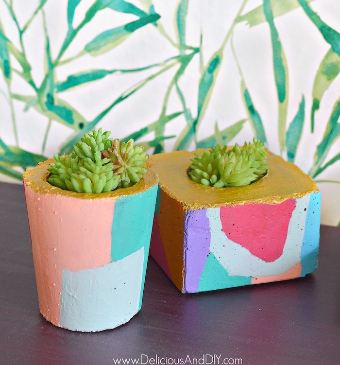 Succulent Planter Gray Cement Texture Gold Ring Handle Abstract