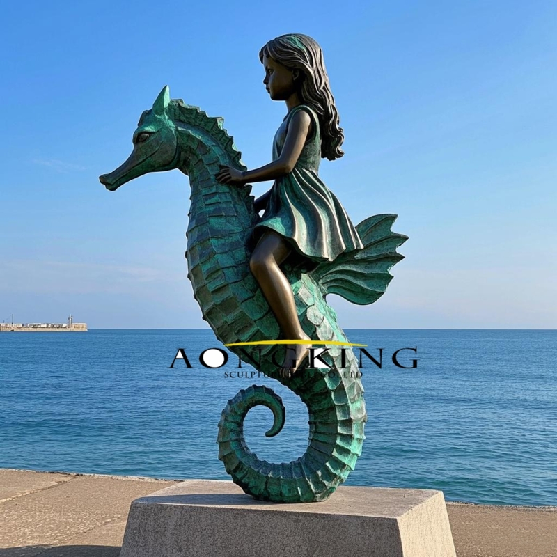 Surreal Bronze Seahorse Rider Statue, Coastal Garden Art