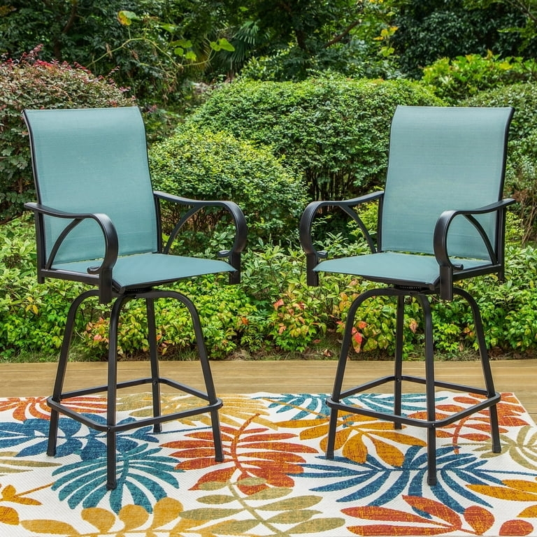 Swivel Bar Stools Aqua Cushions Curved Armrests Black Metal Patio Set