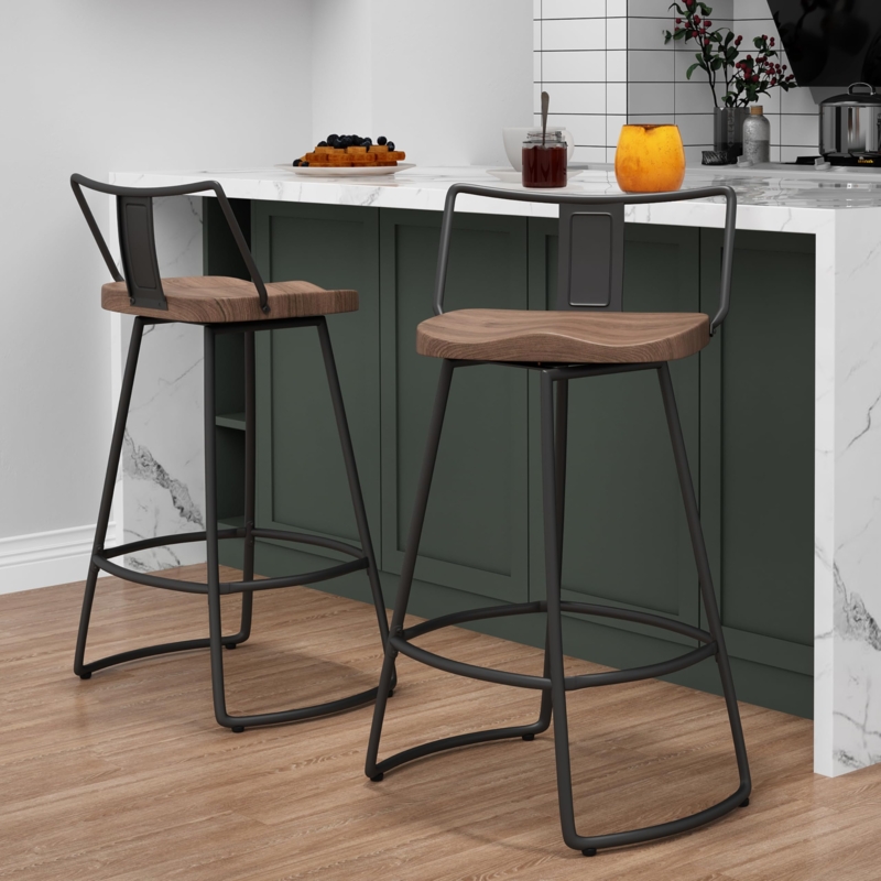 Swivel Bar Stools with circular wood seat, matte black frame. (63)