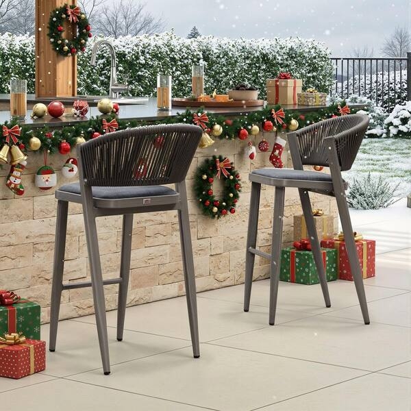 Swivel Outdoor Bar Stool with Breathable Mesh Seat and Dark Frame