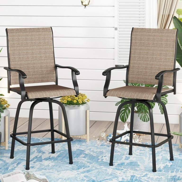 Swivel Outdoor Bar Stools, Breathable Sling Fabric, Espresso Metal Frame