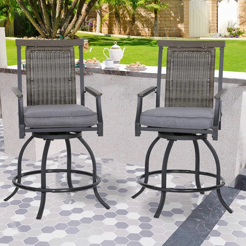 Swivel Patio Bar Stool Rattan Back Navy Blue Cushions Coastal Garden