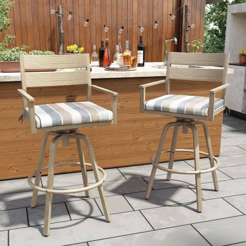 Swivel Patio Bar Stool with Wood Patterned Aluminum Frame