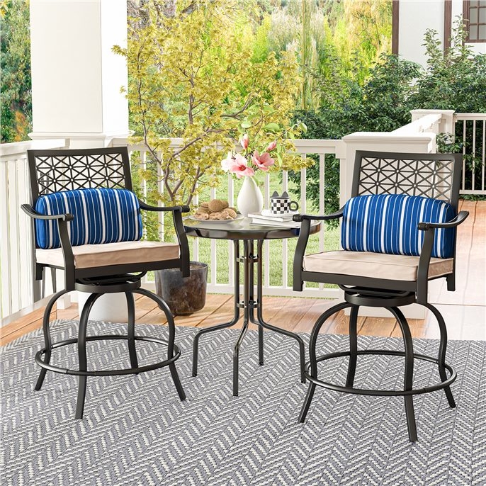 Swivel Patio Bar Stools with Slatted Metal Backs and Plush Grey Cushions