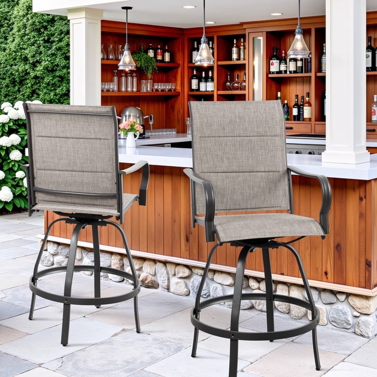 Swivel Patio Bar Stools with Woven Resin Back in Bronze Finish