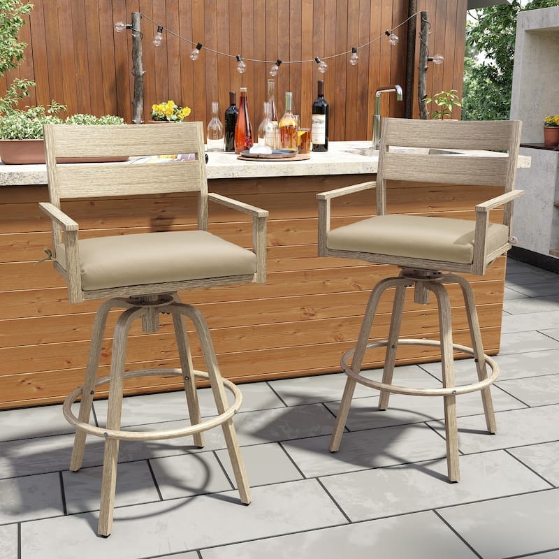 Swivel Patio Bar Stools Wood Look Aluminum Frame Charcoal Cushions