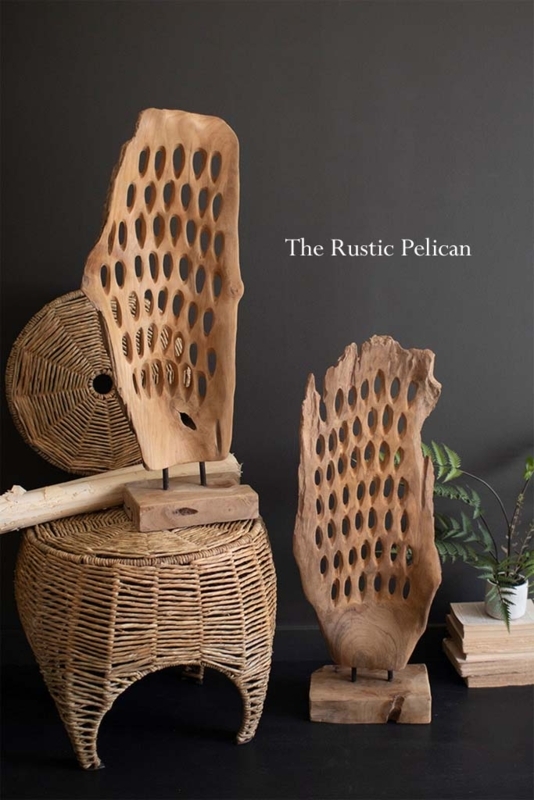 Table Sculpture: Circular Wood with Geometric Carving on Metal Stand