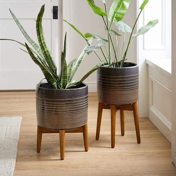 Tall Black Pedestal Planter with Gold Stripes, Wood Stand