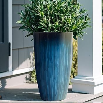 Tall Blue Gradient Outdoor Planters, Glossy Tapered Deck Pots Pair