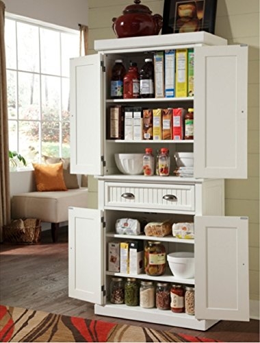 Tall Four-Door Pantry Cabinet in Distressed White with Shaker Panels