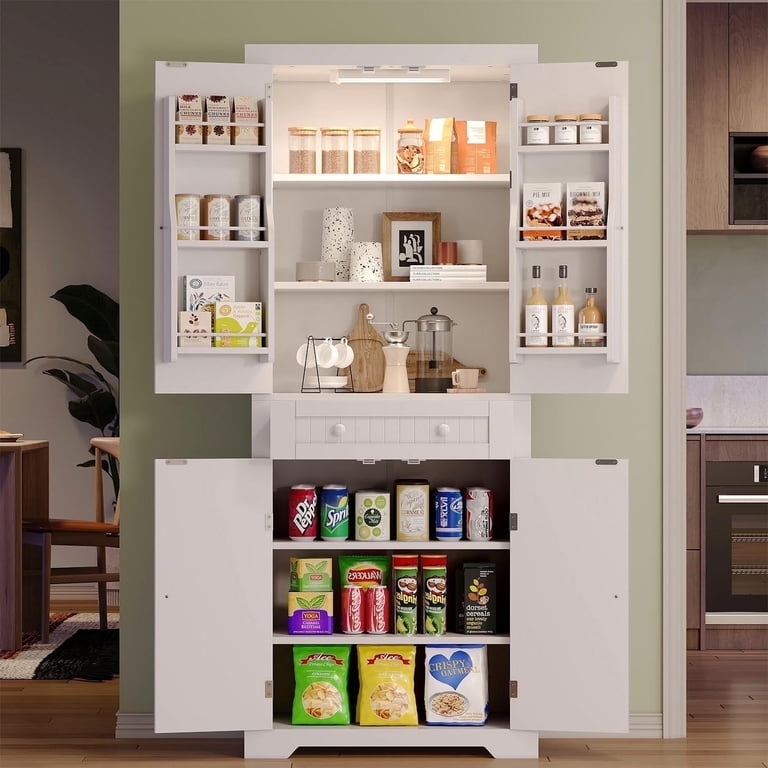 Tall Kitchen Cabinet with Interior Lighting and Glass Doors.