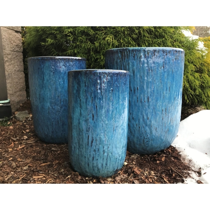 Tall Ocean Blue Planter with Matte Finish and Rhythmic Ribbing