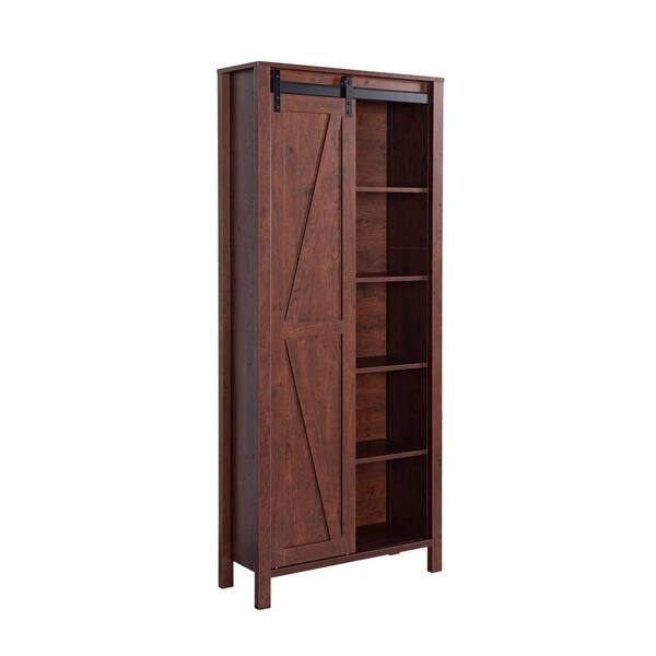 Tall Pantry Cabinet in Vintage Walnut with Sliding Barn Door on Metal Track