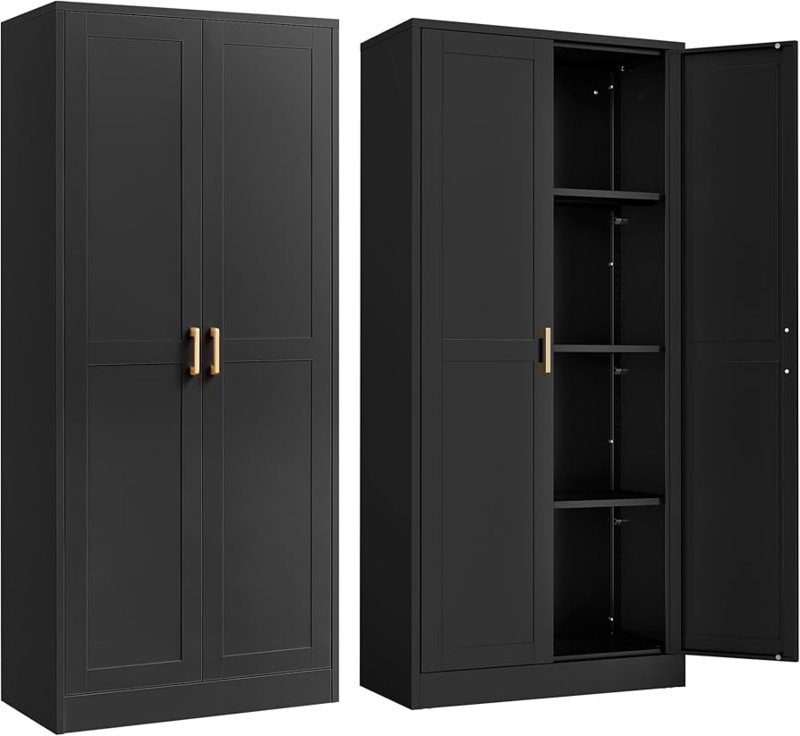 Tall Pantry Cabinet, Matte Black Shaker Style with Gold Hardware