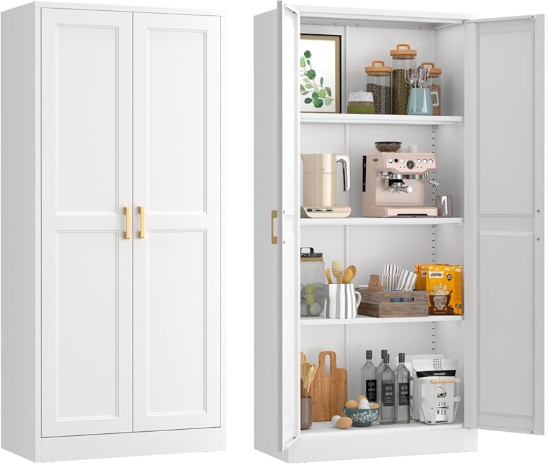 Tall Pantry Cabinet with Four Door Layout and Recessed Panels.