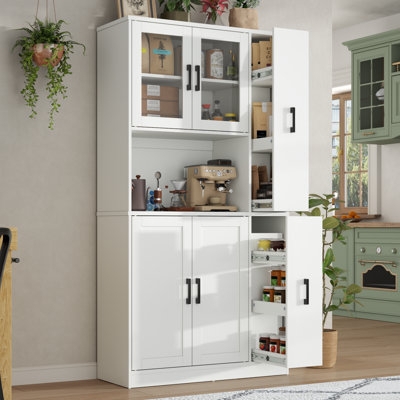 Tall Pantry Cabinet with Glass-Front Upper Cabinets and Microwave Shelf