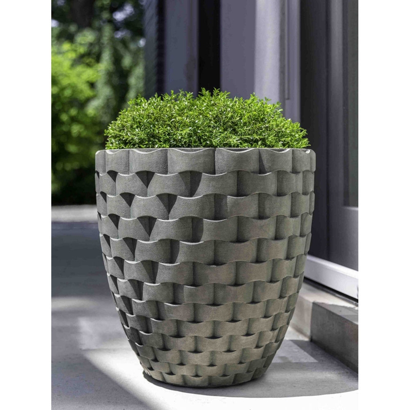 Tall Planter Basket Weave Texture Cast Stone Weathered Gray Rustic