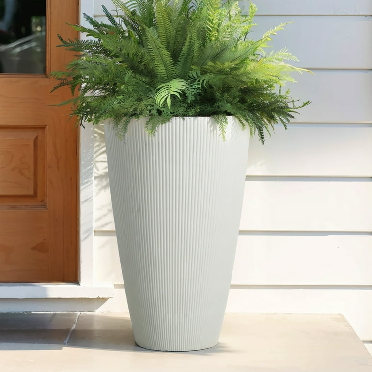 Tall Planter Beaded Ribbing Resin Like Matte Finish Porch Styling