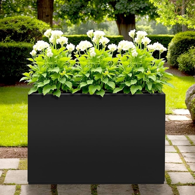 Tall Planter Box, Narrow Matte Black Metal, Modern Minimalist Patio
