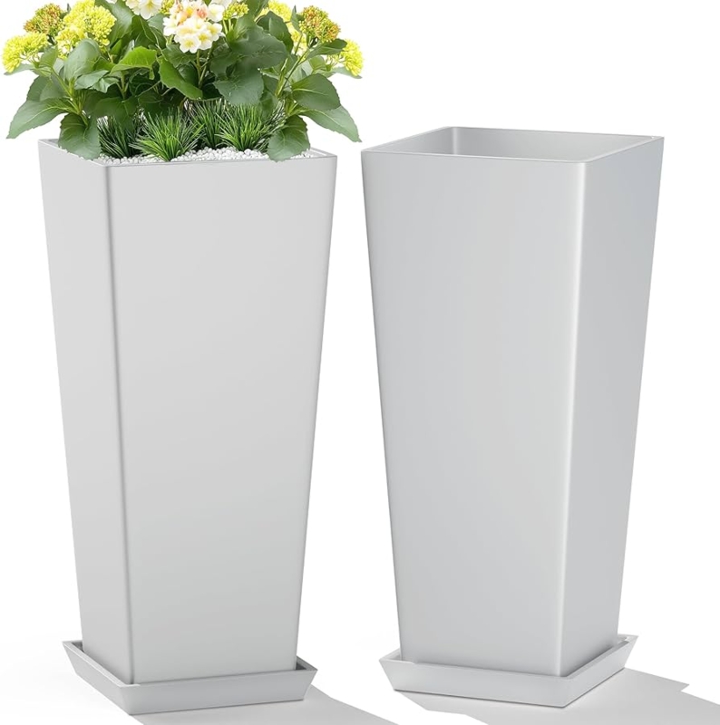 Tall Planter Set of 2, Tapered Shape, All White. Tall white tapered garden pots.