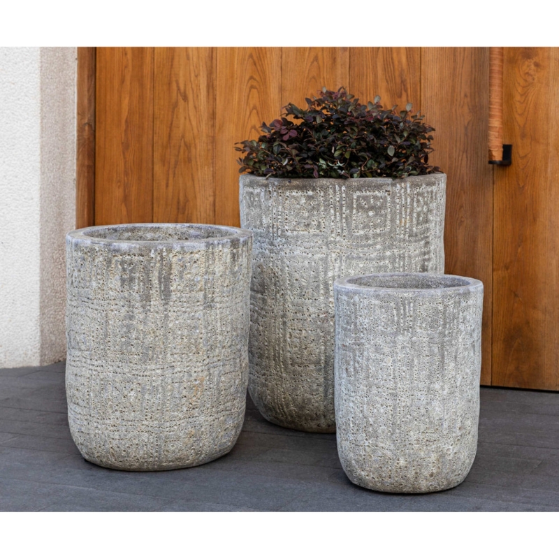 Tall Planter Set Pockmarked Surface Tapered Stone Like Distressed