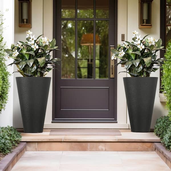 Tall Planters Set of Two Vertical Ribbed Tapered Charcoal Black