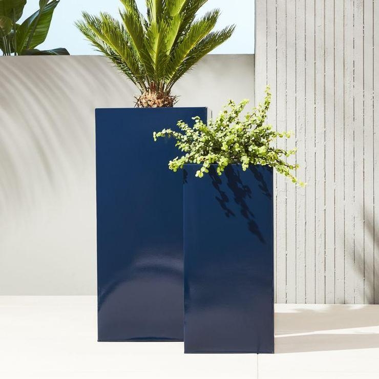 Tall Rectangular Pedestal Planters with High-Gloss Reflective Finish in Navy Blue