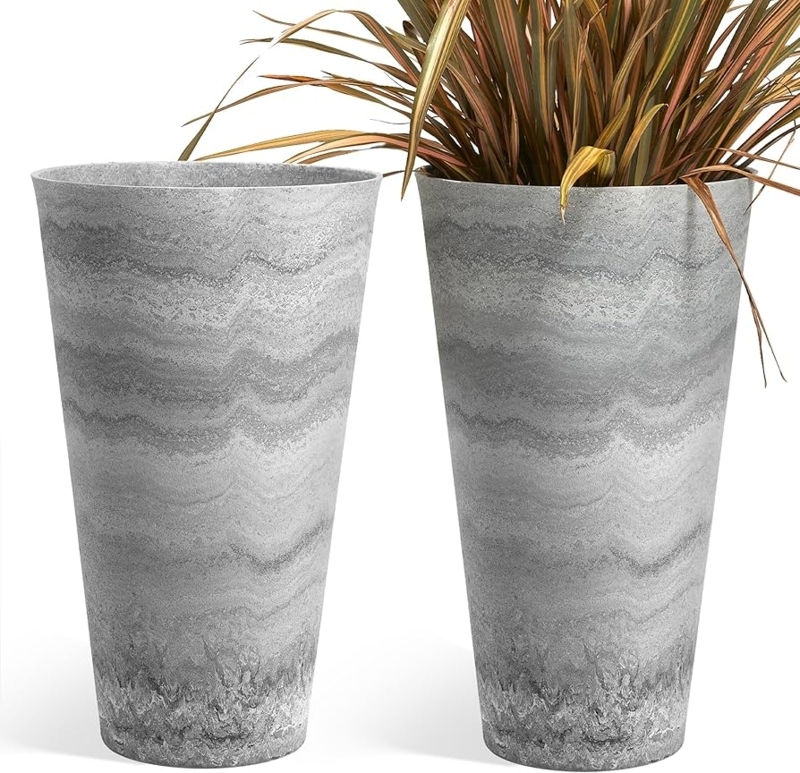 Tall Round Planters Featuring Matte Charcoal Finish, Horizontal Ribbing