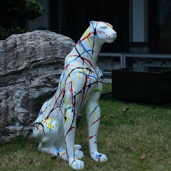 Tall Sitting Leopard Statue, Glossy Gold Spotted Pattern
