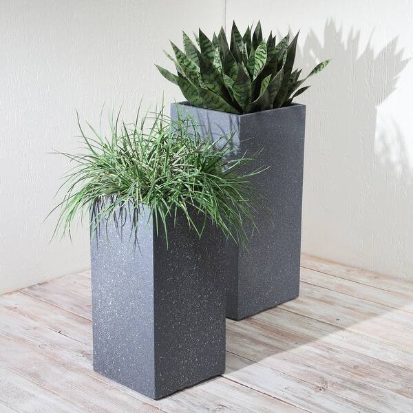 Tall Square Planter Set, Horizontal Ribbing in Charcoal Gray