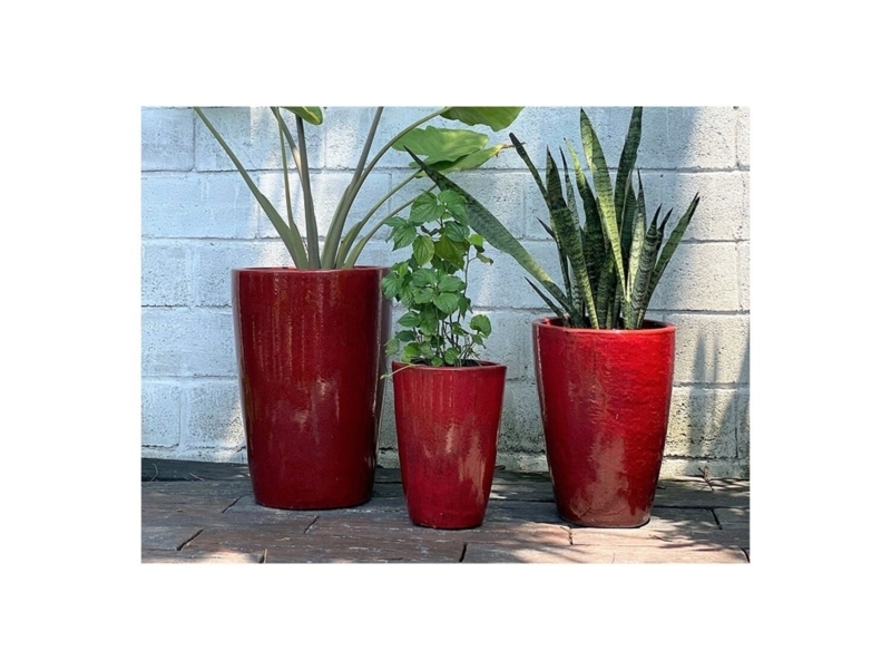 Tall Square-Top Planter with Smooth Semi-Matte Crimson Finish