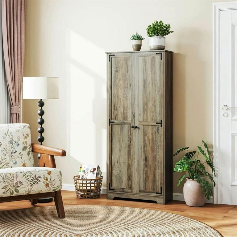 Tall Storage Hutch with Windowpane Glass Doors in Distressed Grey