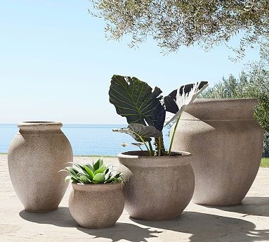 Tall Tapered Outdoor Planter featuring Stone-Like Finish in Matte Gray.