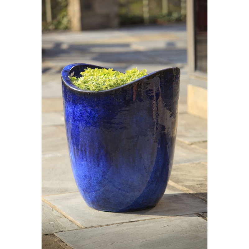 Tall Tapered Outdoor Planter in Riviera Blue with Ribbed Texture