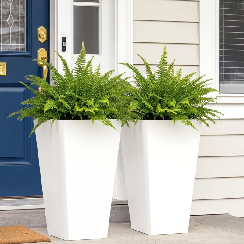 Tall Tapered Square Planters with Horizontal Ribbing, Matte White