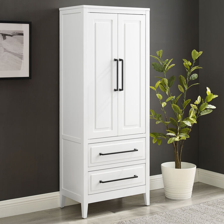 Tall White Pantry Cabinet featuring Molded Top and Shaker Doors.