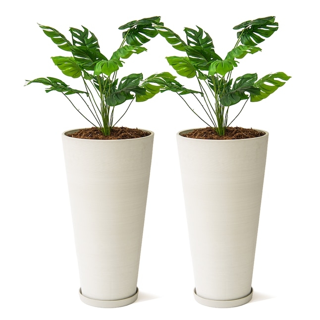 Tall White Planters with Integrated Saucer Base, Tapered Shape