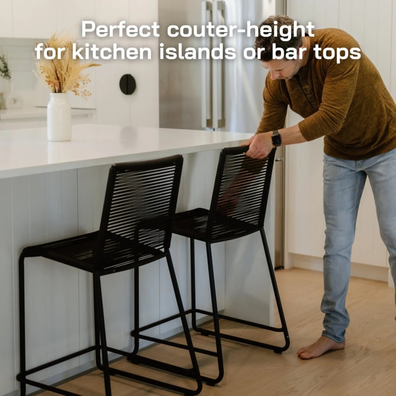 Tan Woven Rope Outdoor Bar Stools Black Frame Balcony Seating