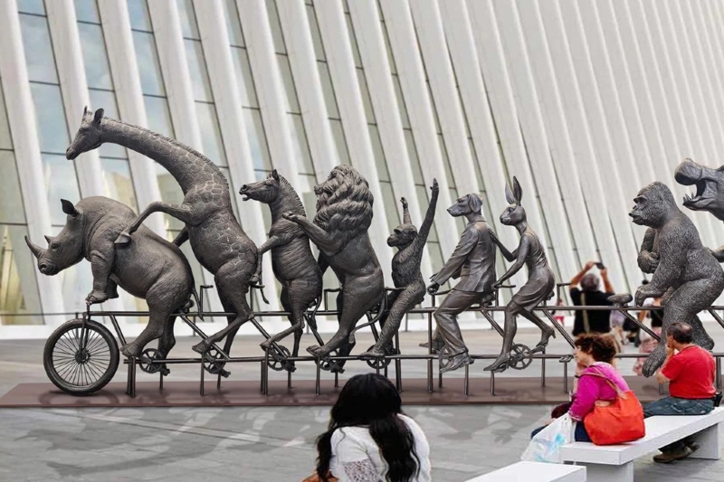 Tandem Bicycle Form Outdoor Sculpture with Animal Figures