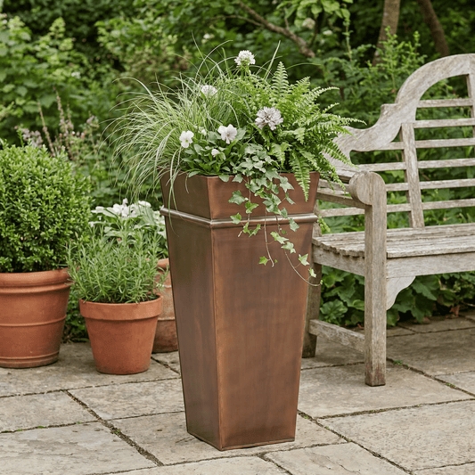 Tapered Antique Copper Planter with Weathered Finish, Square Top