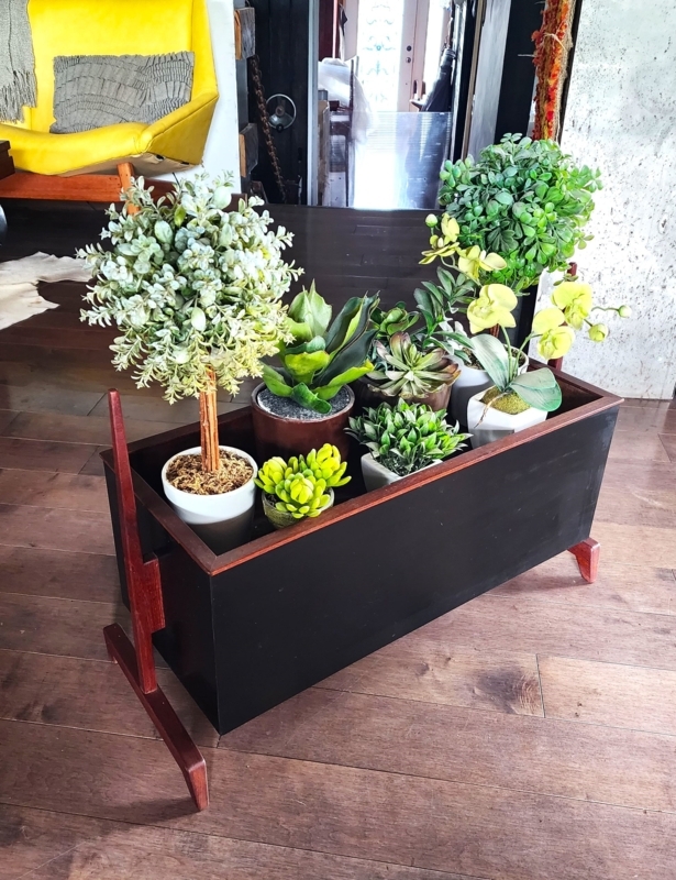 Tapered Black Cylinder Planter on Wood Tripod Stand