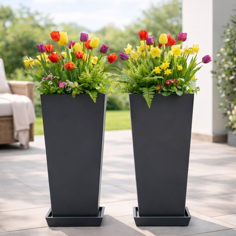 Tapered Planter Set Integrated Drainage Tray Ribbed