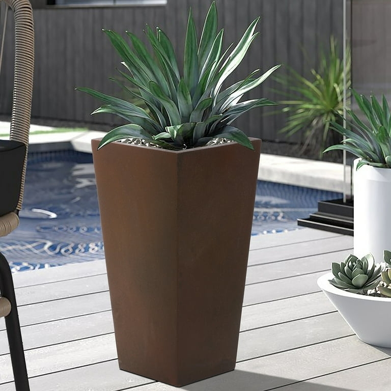 Tapered Planter Weathered Brown Finish Square Rim Pitted Surface