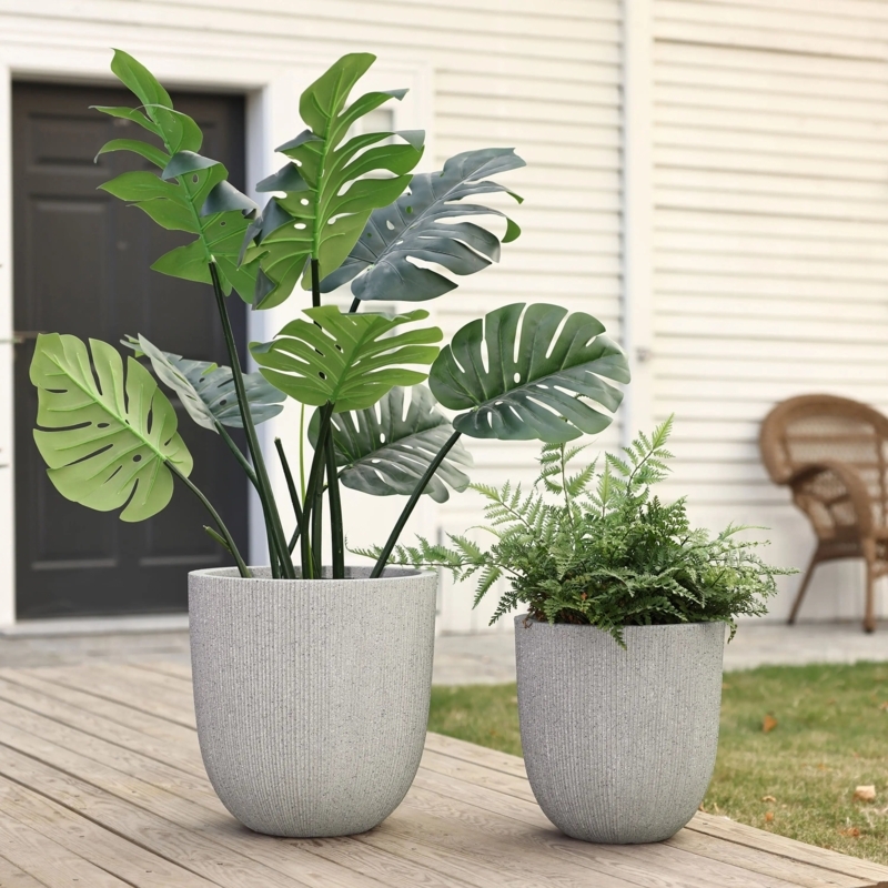 Tapered Round Planter Set Ribbed Surface Beige Stone Like Finish