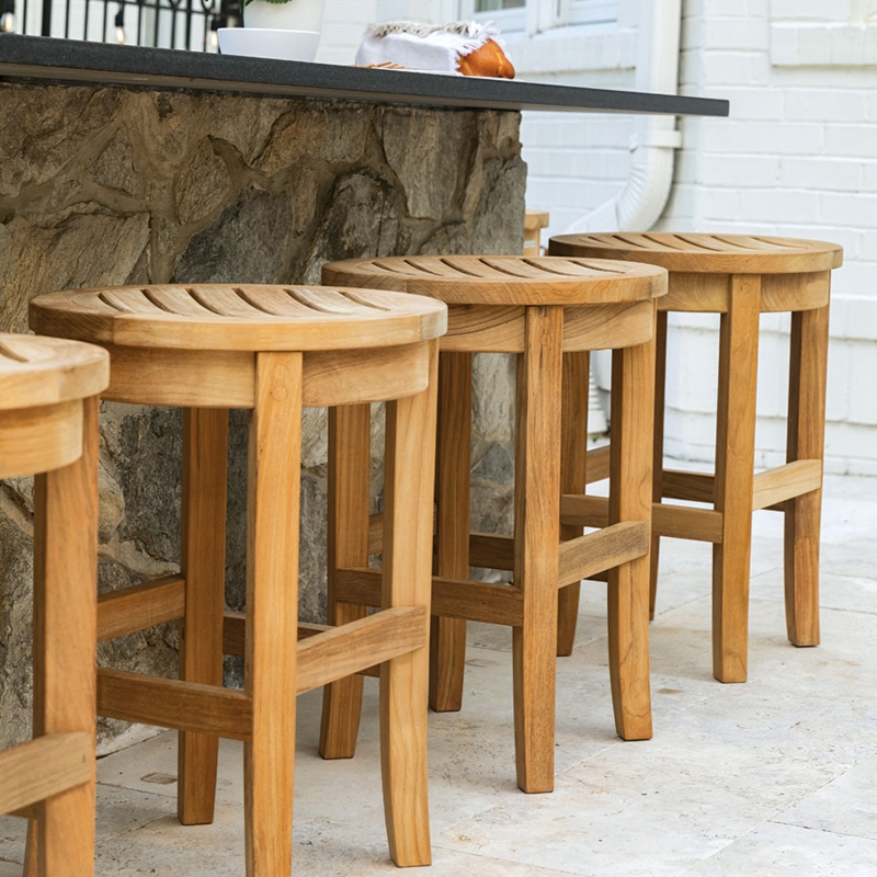 Teak Bar Stool with Slat Back and Curved Arms, Woven Seat Design